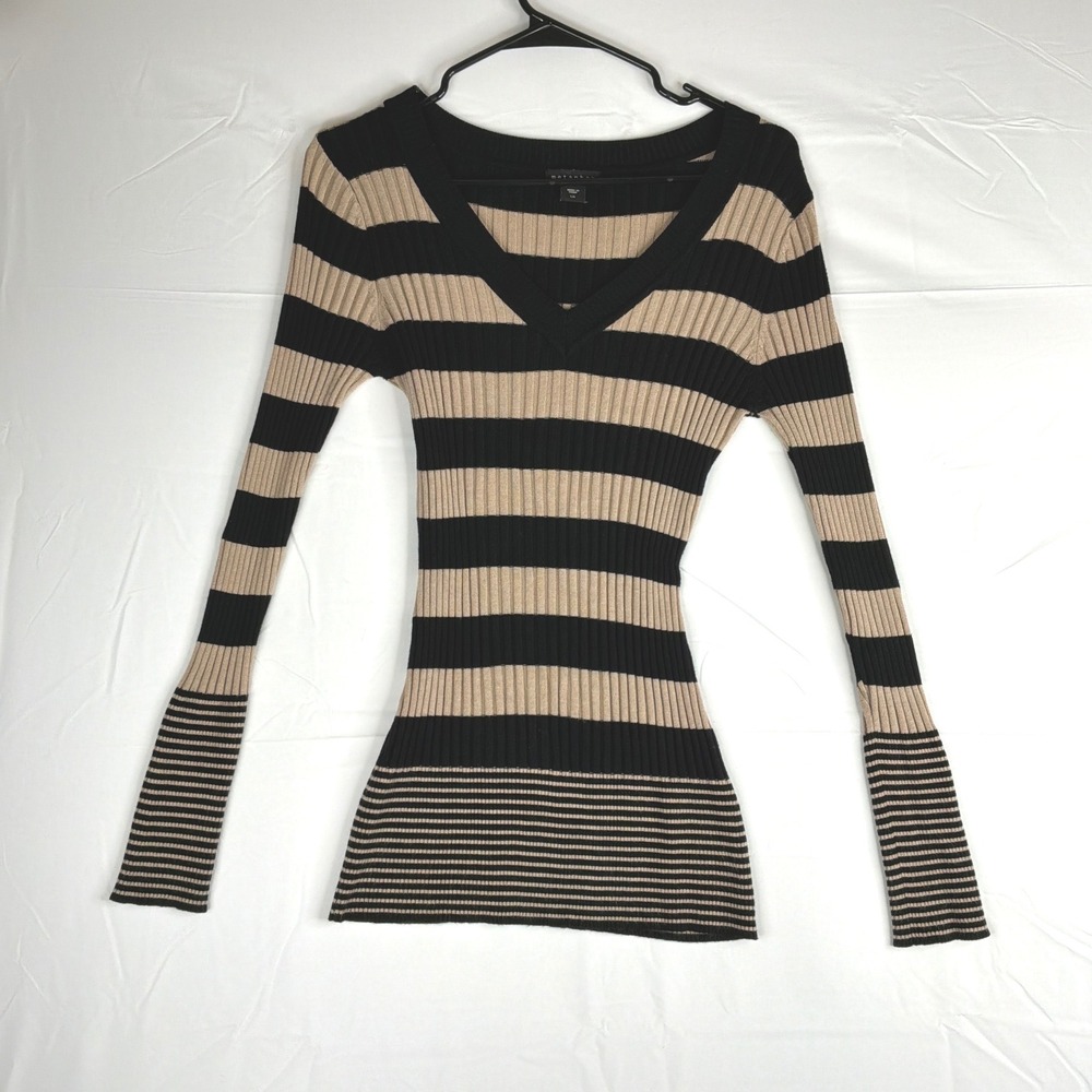 Y2K Metaphor Women's Ribbed V Neck Long Sleeve Striped Tunic Sweater Knit Top